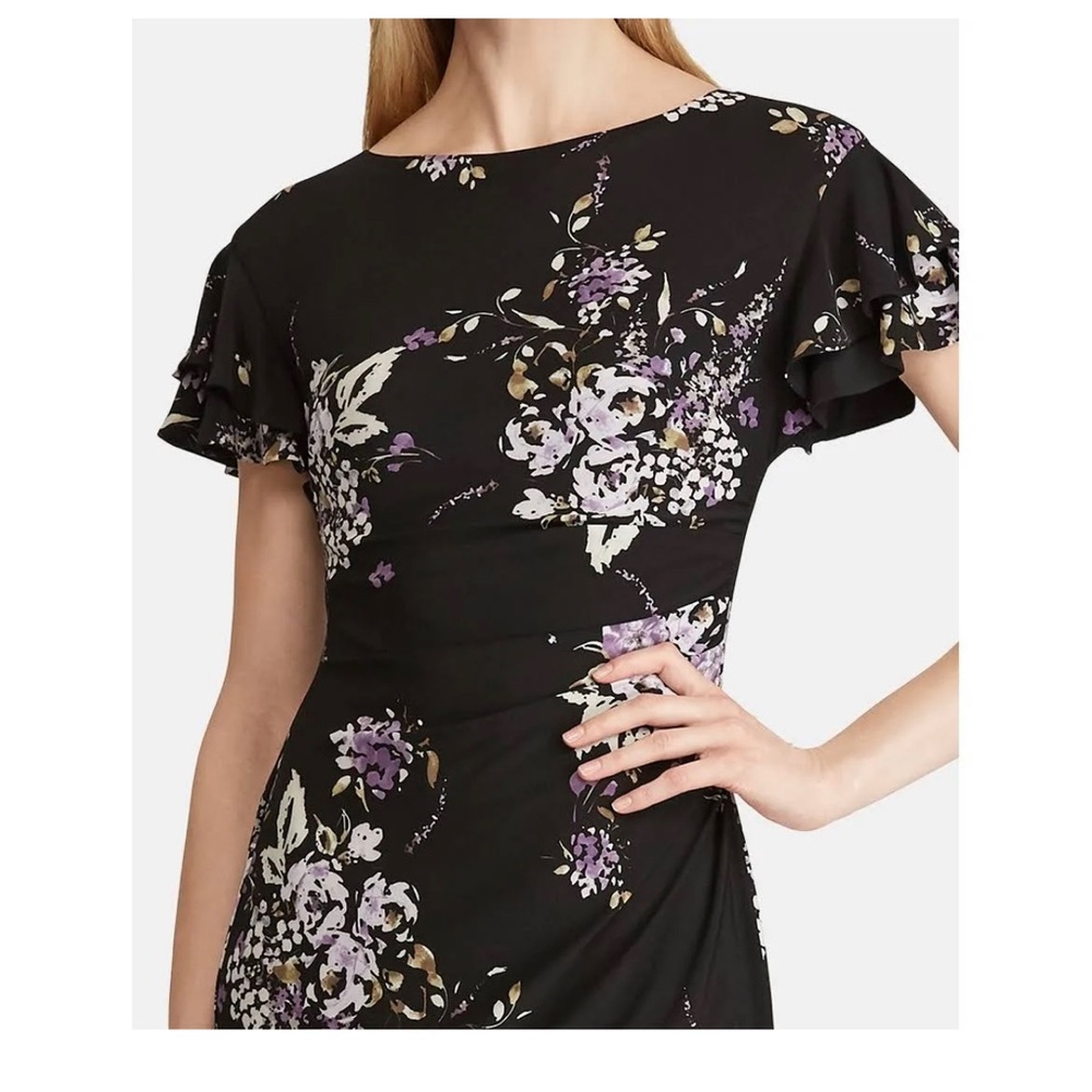 Lauren black dark floral cinched dress SZ 14 black wrap style ruffle career - Picture 14 of 14